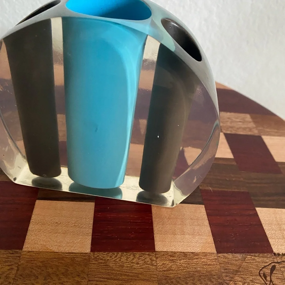 Vintage 70s Acrylic Lucite Retro Space Age Pen Holder Blue Brown Abstract Round